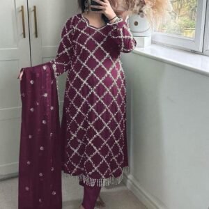 Fancy Georgette Sequence Embroidered Wine Color Kurti Pant With Dupatta