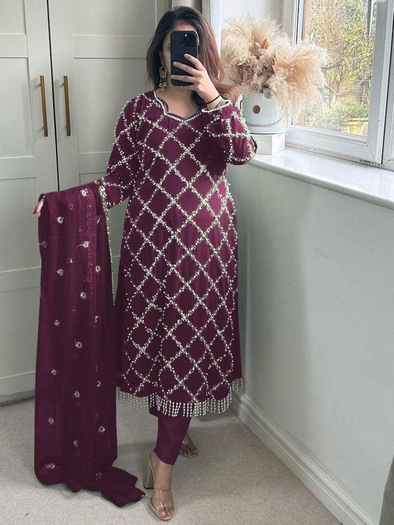 fancy georgette sequence embro 1732875234 Fancy Georgette Sequence Embroidered Wine Color Kurti Pant With Dupatta