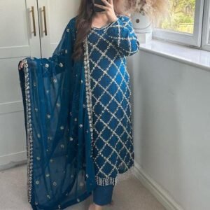 Fancy Georgette Sequence Embroidered Blue Color Kurti Pant With Dupatta