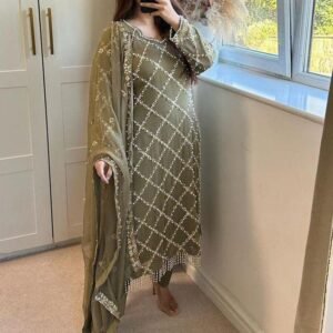 Fancy Georgette Sequence Embroidered Mehendi Color Kurti Pant With Dupatta