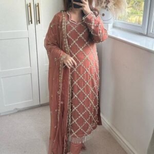 Fancy Georgette Sequence Embroidered Brown Color Kurti Pant With Dupatta