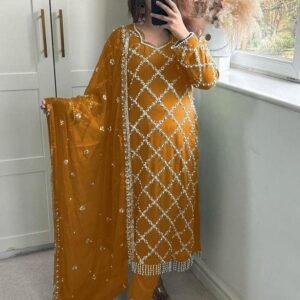 Fancy Georgette Sequence Embroidered Mustard Color Kurti Pant With Dupatta