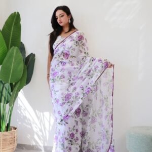 Fancy Georgette Silk White With Purple Flower Pattern Saree