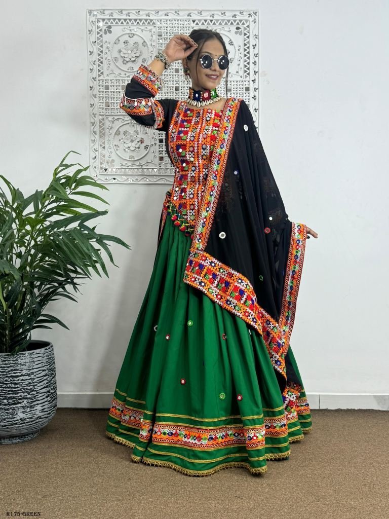 fancy green navaratri embroide 1721292527 Fancy Green Navaratri Embroidered Lehenga Choli With Real Mirror Hand Work