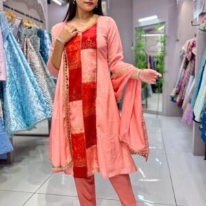 Fancy Heavy Peach Chinon Kurti Pant Set With Dupatta