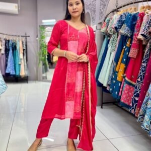 Fancy Heavy Rani Chinon Kurti Pant Set With Dupatta