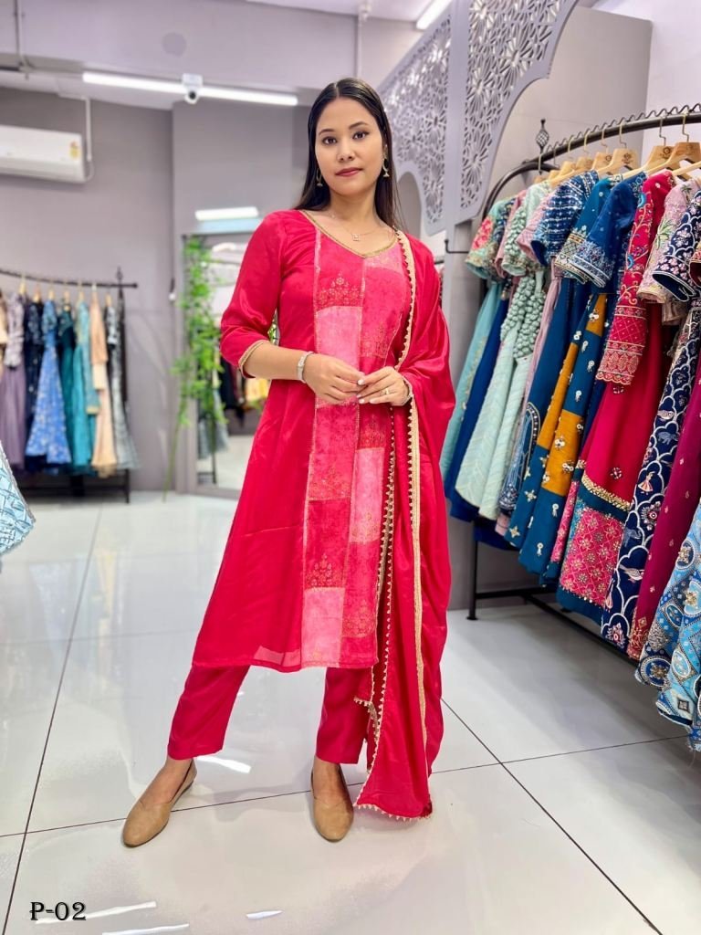 fancy heavy rani chinon kurti 1718019612 Fancy Heavy Rani Chinon Kurti Pant Set With Dupatta
