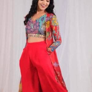 Fancy Kalamkari Print Georgette Plazzo Top Shrug Set