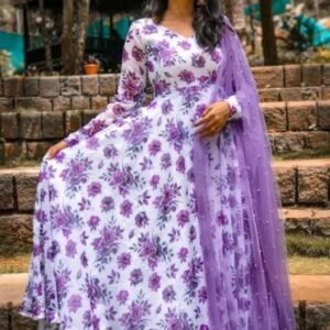 Fancy Lavender Flower Print Georgette Maxi Dress
