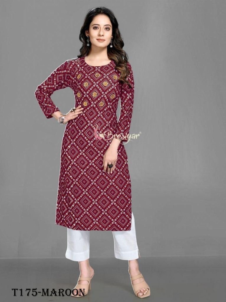 fancy maroon bandhani print pu 1720163395 Fancy Maroon Bandhani Print Pure Rayon Kurti