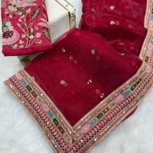 Fancy Maroon Organza Silk Embrodiery Work Saree