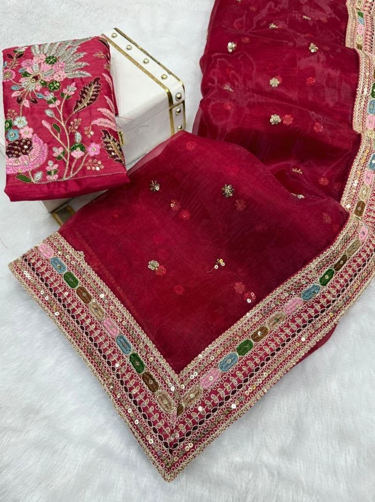 fancy maroon organza silk embr 1749465040 Fancy Maroon Organza Silk Embrodiery Work Saree