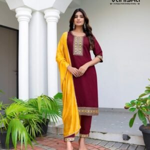 Fancy Maroon Roman Silk Batali Kurti Pant Set