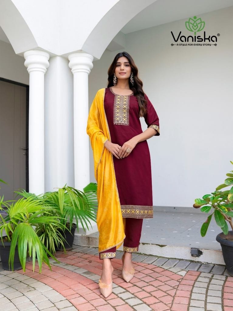 fancy maroon roman silk batali 1727259210 Fancy Maroon Roman Silk Batali Kurti Pant Set
