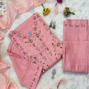 Fancy Muslin Hand Work Kurti Pant Set With Dupatta