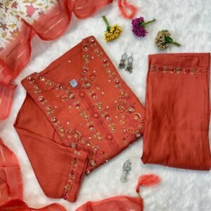 Fancy Muslin Hand Work Orange Kurti Pant Dupatta Set