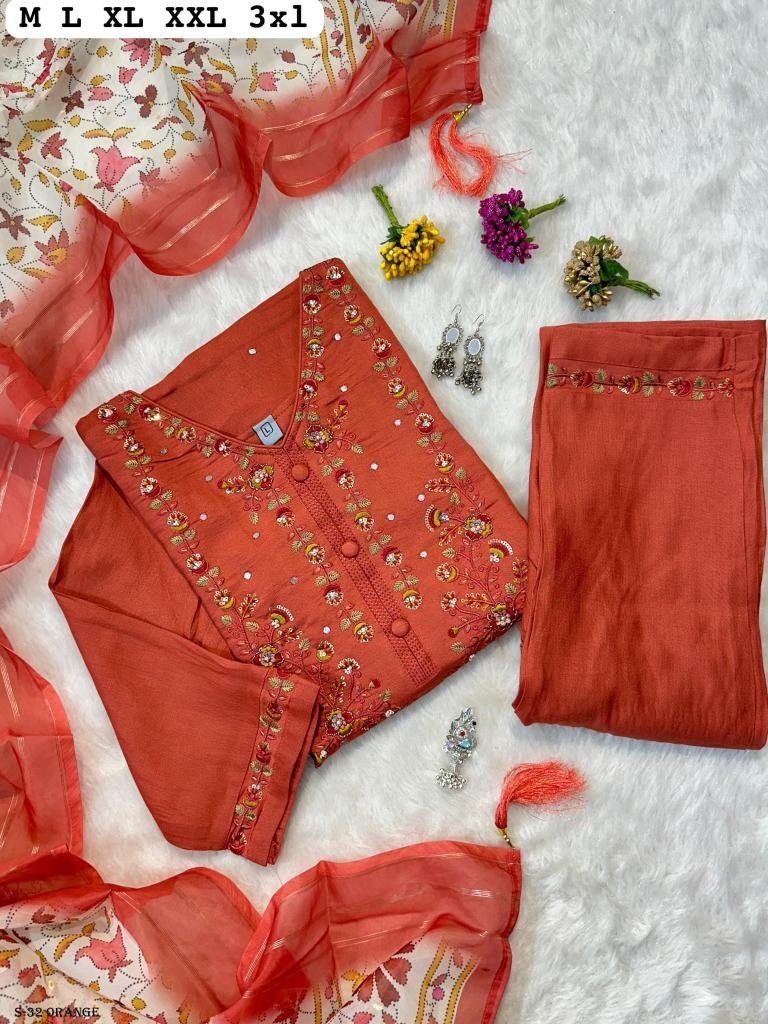 fancy muslin hand work orange 1725360404 Fancy Muslin Hand Work Orange Kurti Pant Dupatta Set