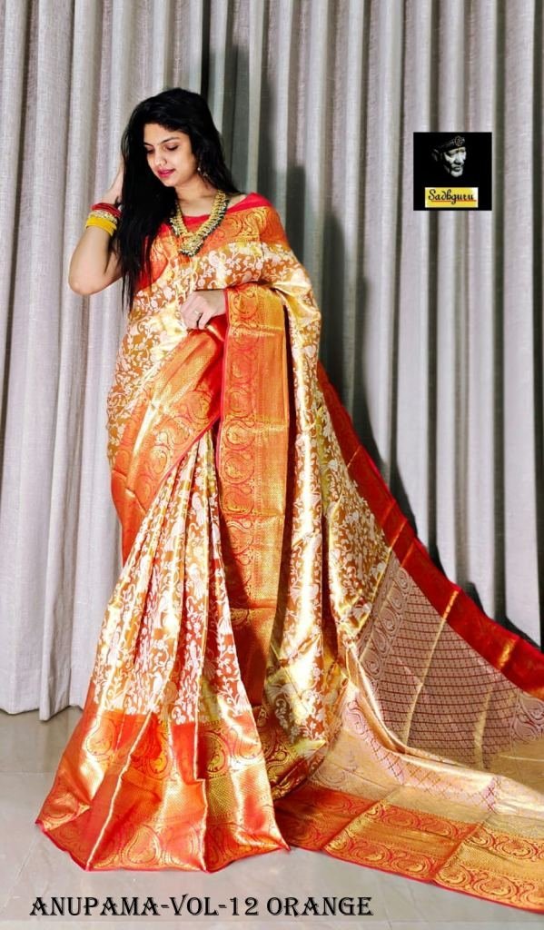 fancy orange handloom weaving 1716788165 Fancy Orange Handloom Weaving Pure Kanjivaram Silk Sare