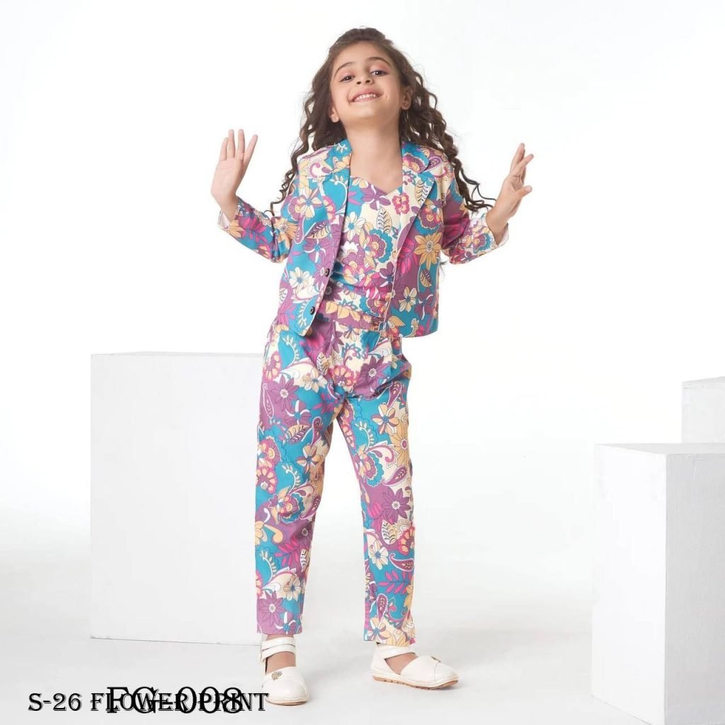 fancy party wear flower print 1721125218 Fancy Party Wear Flower Print Kids Crop Top And Pant With Blazer