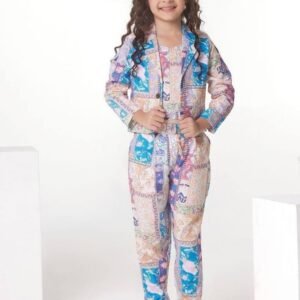 Fancy Party Wear Flower Print Kids Crop Top And Pant With Blazer