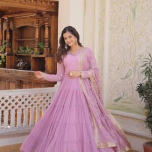 Fancy Faux Georgette Pink Gown With Dupatta