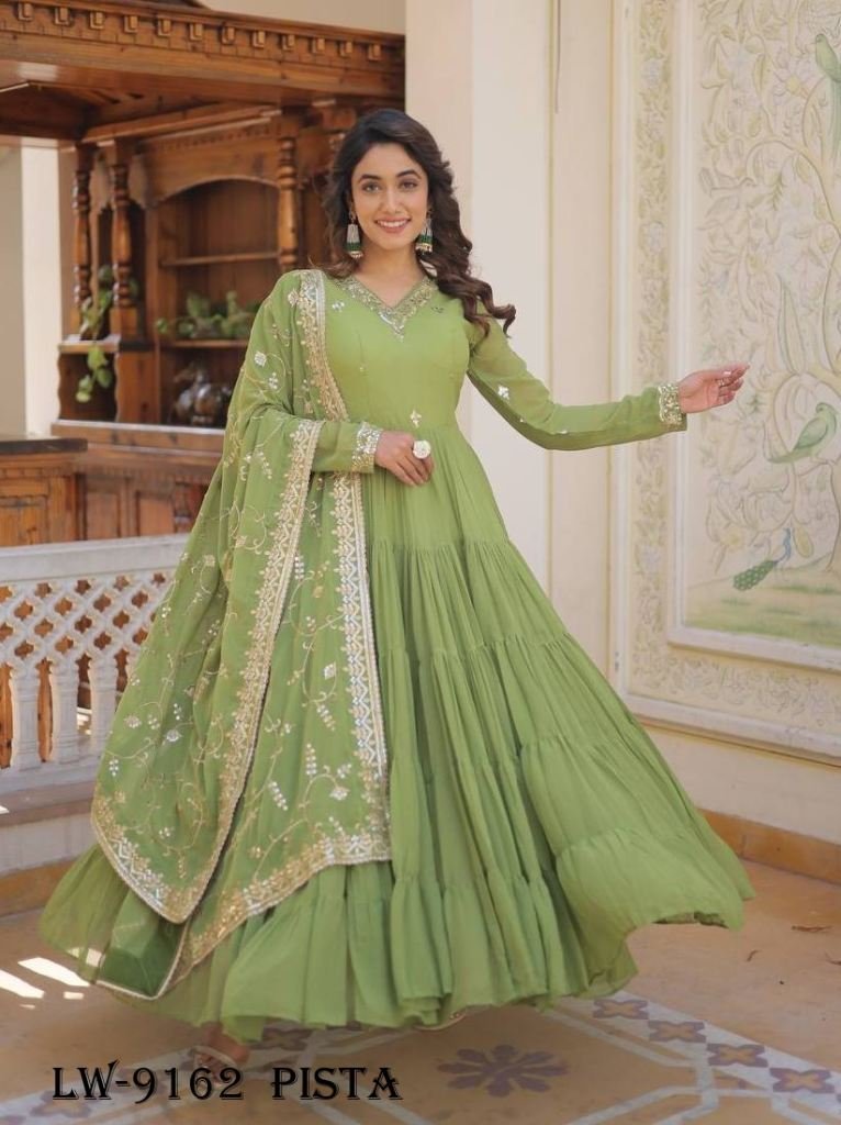 fancy pista gown with dupatta 1717159869 Fancy Faux Georgette Pista Gown With Dupatta