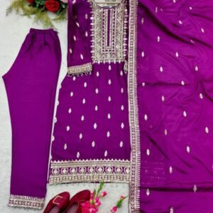 Fancy Pure Silk Dark Pink Kurti Pant Set