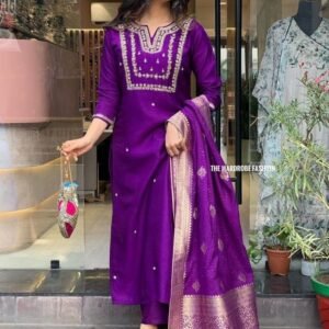 Fancy Purple Chanderi Silk Fully Stitched Suit Set