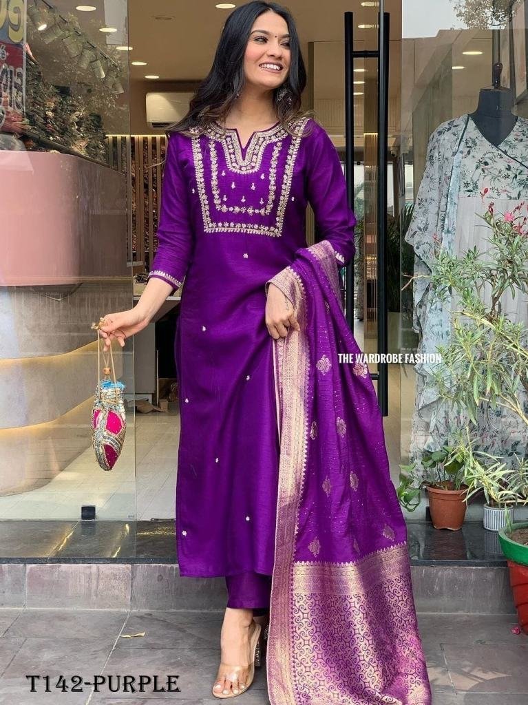 fancy purple chanderi silk ful 1719557394 Fancy Purple Chanderi Silk Fully Stitched Suit Set
