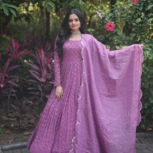 Fancy Faux Georgette Purple Embroidery Gown