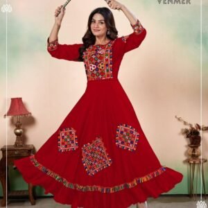 Fancy Rayon Anarkali Red Kurtis with Gamthi Work