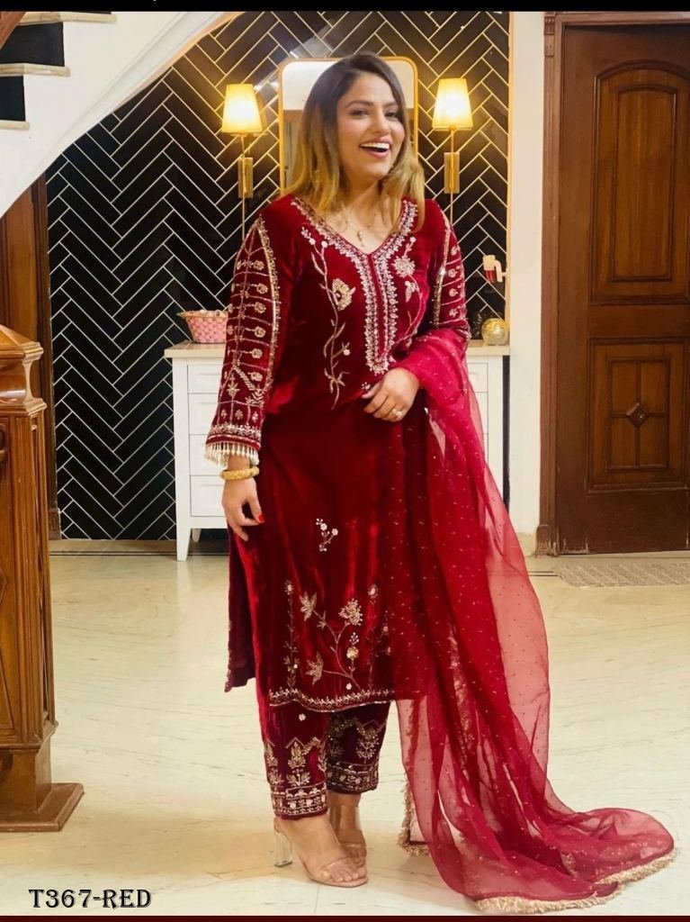 fancy red viscouse velvet suit 1725434680 Fancy Red Viscouse Velvet Suit Set With Embraidery Work