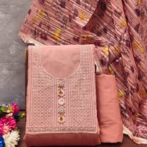 Fancy Silk Peach Color Unstitch Dress Material