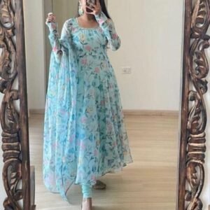 Fancy Sky Blue Flower Print Georgette Maxi Dress