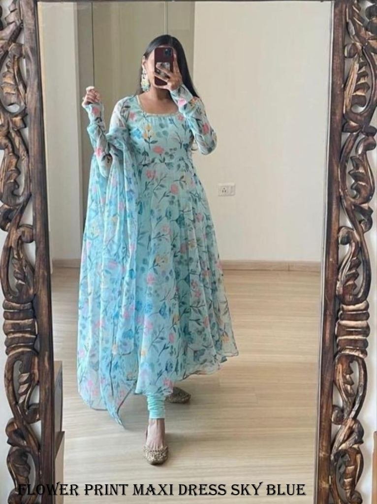 fancy sky blue flower print ma 1717407045 Fancy Sky Blue Flower Print Georgette Maxi Dress