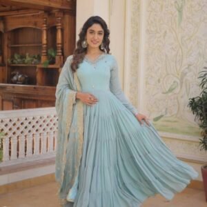 Fancy Faux Georgette Sky Blue Gown With Dupatta