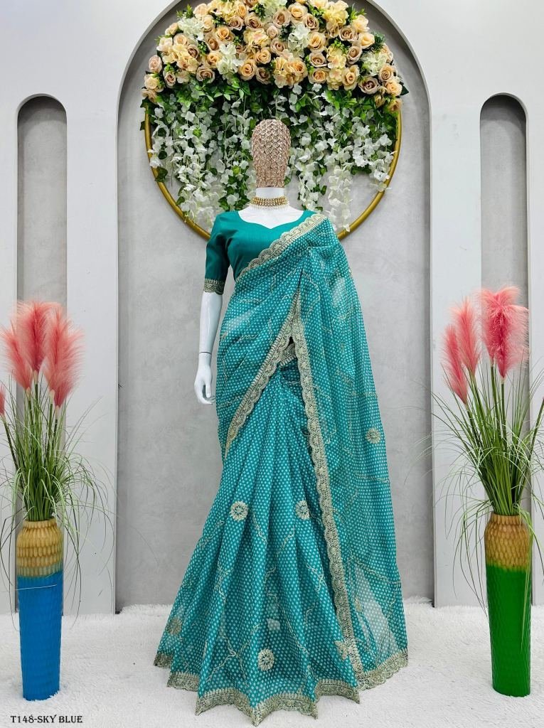 fancy sky blue tibby silk sare 1719580550 Fancy Sky Blue Tibby Silk Saree With Digital Print
