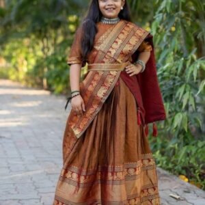Fancy Soft Narayan Pet Cotton with Zari Weaving Brown South Indian Kids Lehenga