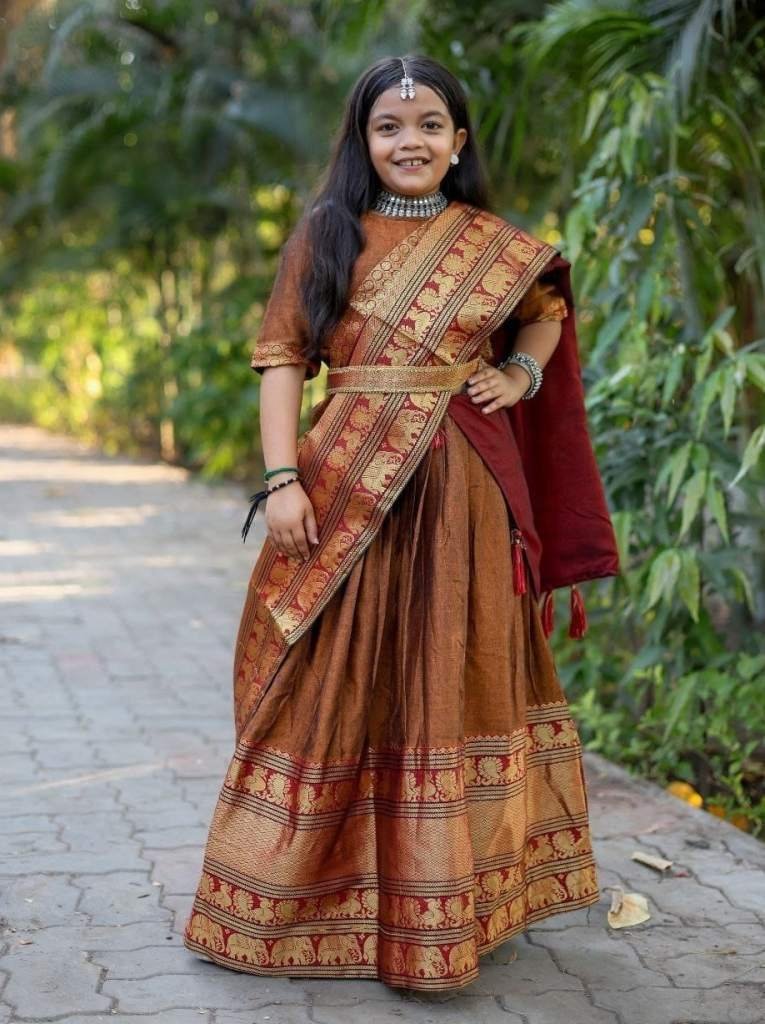 fancy soft narayan pet cotton 1712140543 Fancy Soft Narayan Pet Cotton with Zari Weaving Brown South Indian Kids Lehenga