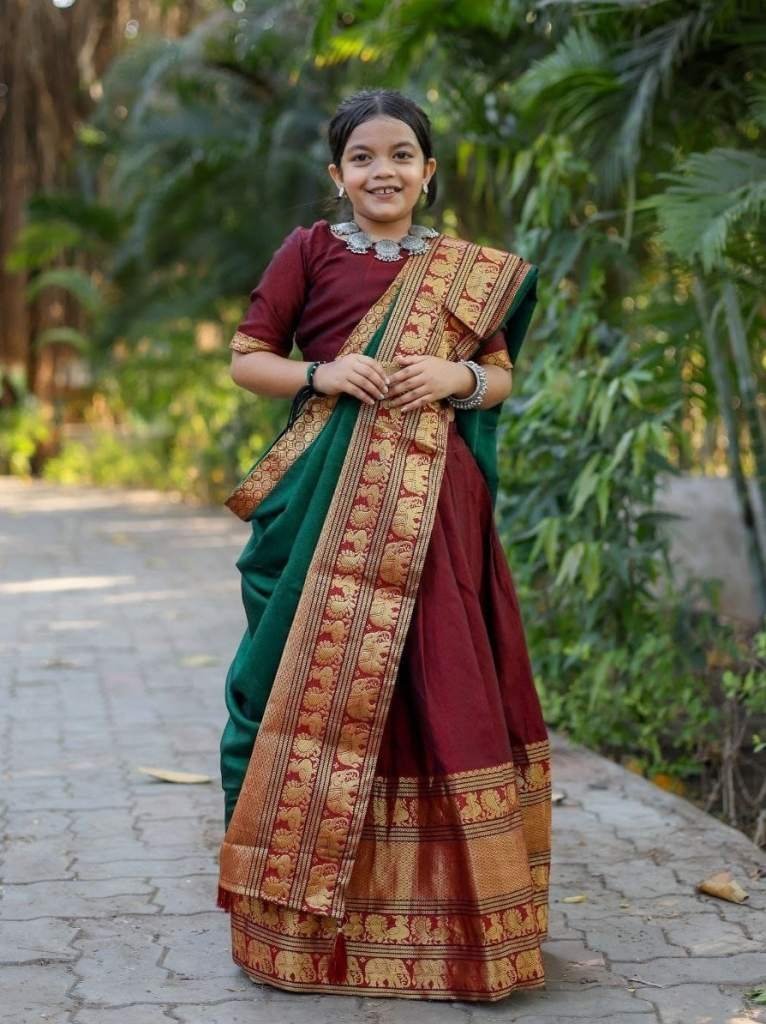 fancy soft narayan pet cotton 1712140930 Fancy Soft Narayan Pet Cotton with Zari Weaving Maroon South Indian Kids Lehenga
