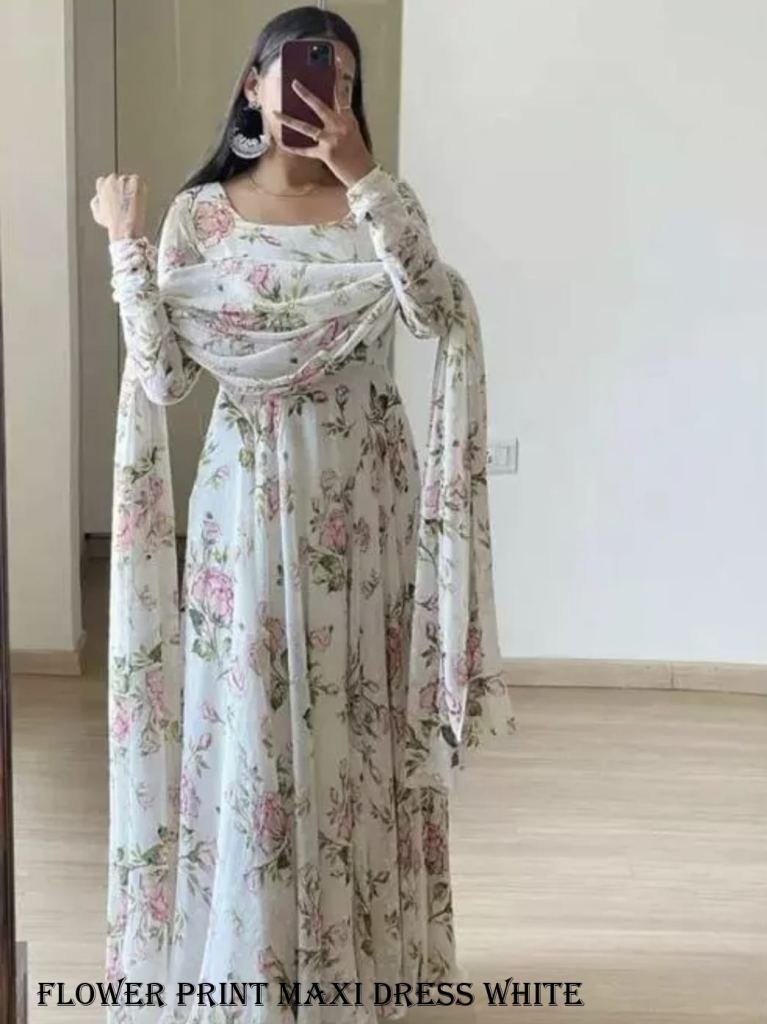 fancy white flower print maxi 1717407151 Fancy White Flower Print Georgette Maxi Dress