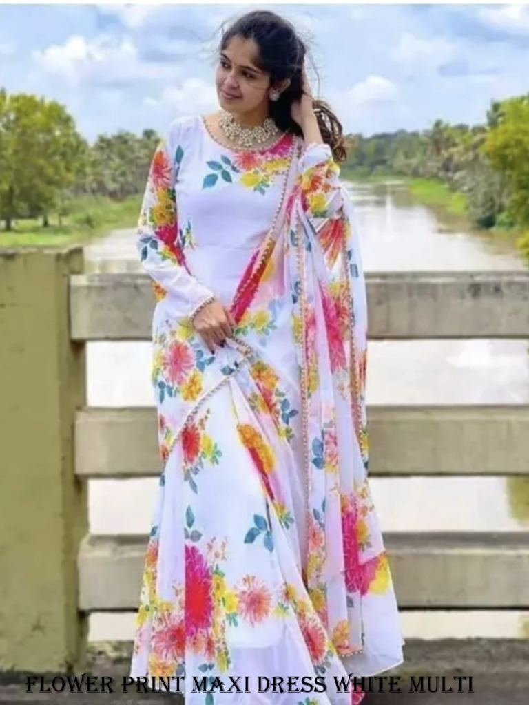 fancy white multi flower print 1717407269 Fancy White Multi Flower Print Georgette Maxi Dress