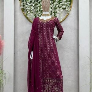 Fancy Wine Georgette Kurti Pant Set With Dupatta