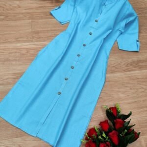 Fancy Wooden Button With Pocket Rubi Cotton Sky Blue Kurti