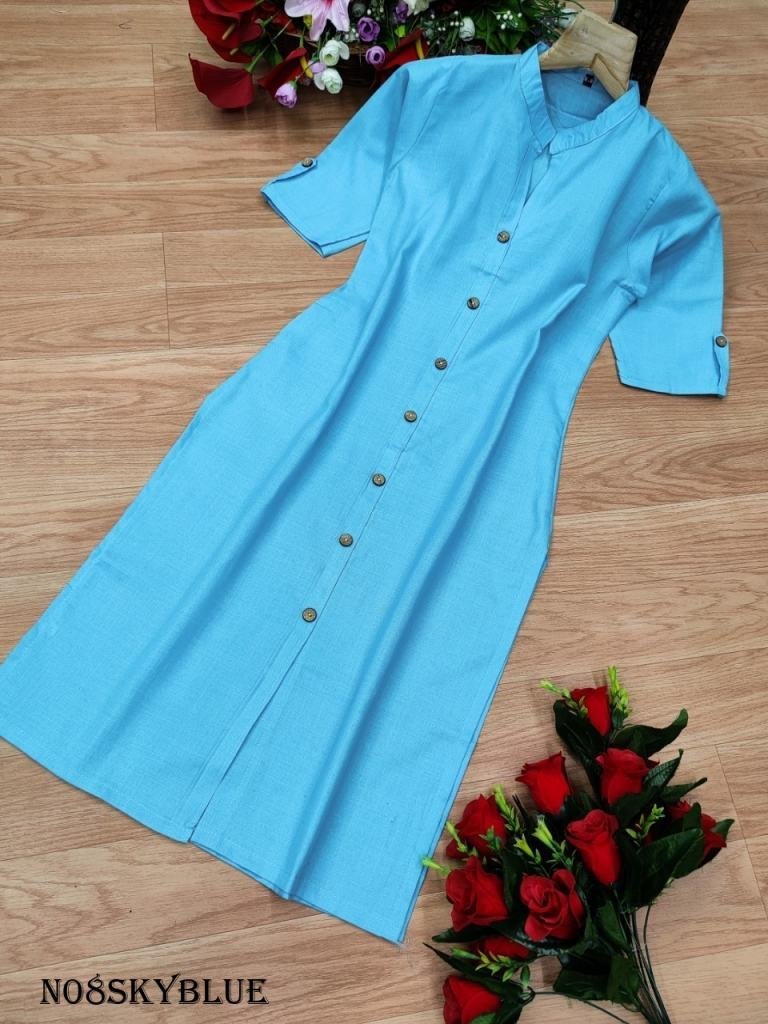 fancy wooden button with packe 1719486169 Fancy Wooden Button With Pocket Rubi Cotton Sky Blue Kurti