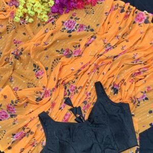 Fancy Yellow Digital Printed Georgette Saree With Black Blouse