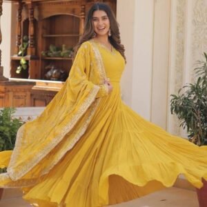 Fancy Faux Georgette Yellow Gown With Dupatta