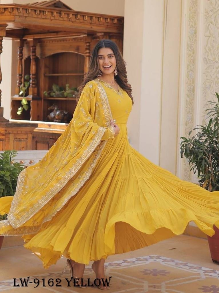 fancy yellow gown with dupatta 1717160038 Fancy Faux Georgette Yellow Gown With Dupatta
