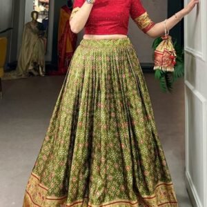 Fashionable Dola Silk Foil Print Mehendi Lehenga Choli