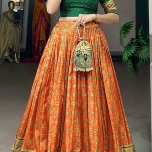 Fashionable Dola Silk Foil Print Orange Lehenga Choli